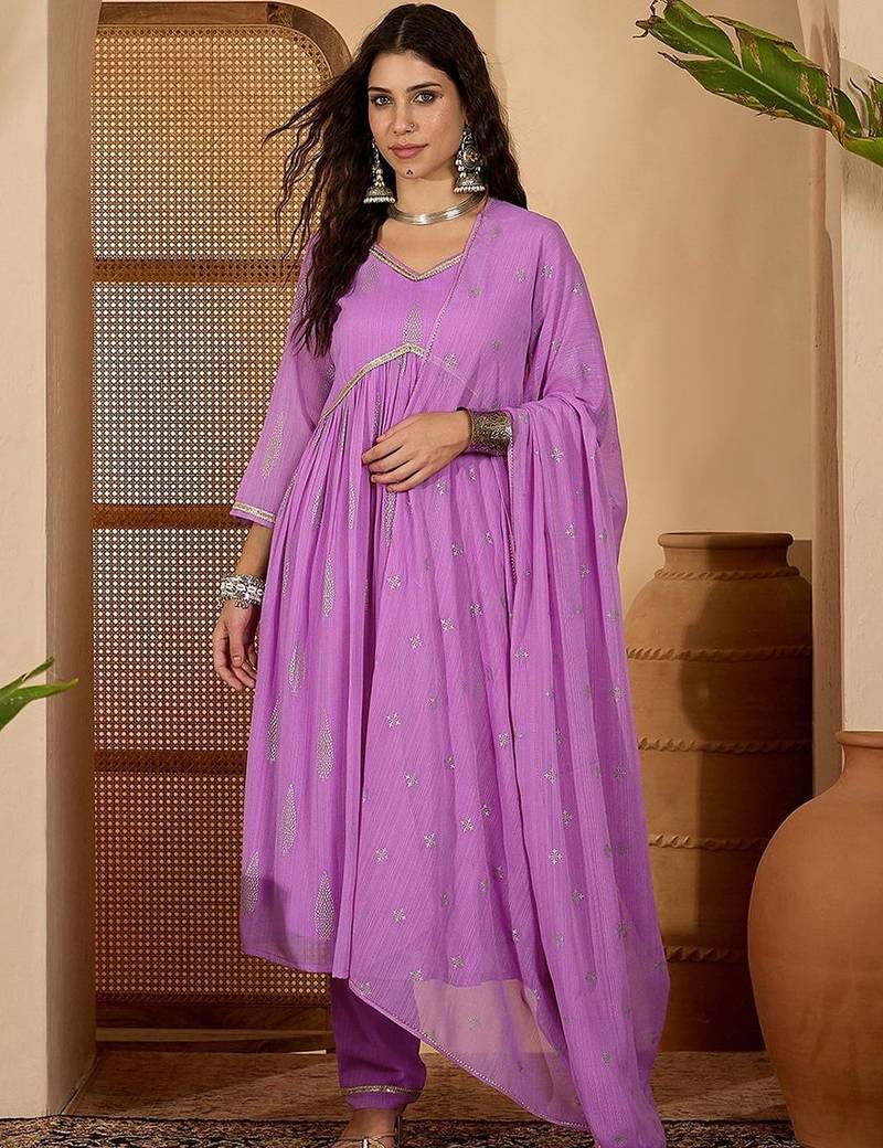 women ethnic motifs printed empire kurta with trousers & with dupatta