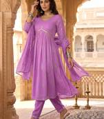 printed v-neck kurta & trousers with dupatta