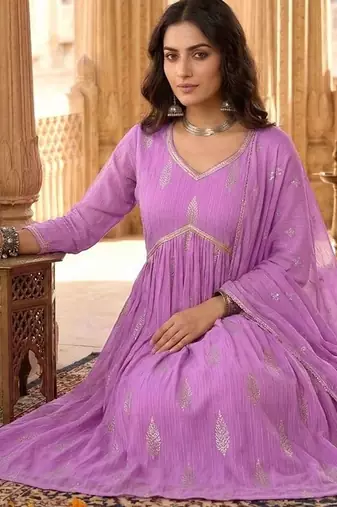 printed v-neck kurta & trousers with dupatta