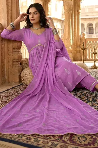 printed v-neck kurta & trousers with dupatta