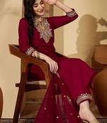 paisley yoke design notch neck thread work straight kurta with trousers & dupatta