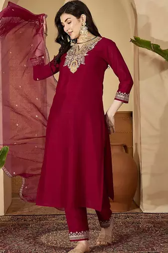 paisley yoke design notch neck thread work straight kurta with trousers & dupatta