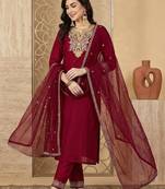 embroidered round neck kurta & trousers with dupatta