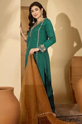 women ethnic motifs embroidered regular thread work kurta with trousers & with dupatta