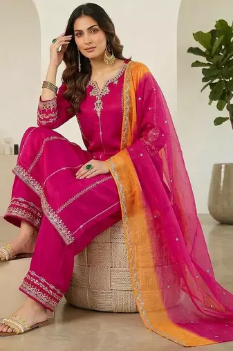 women embroidered notch neck kurta with trousers & dupatta