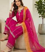 women embroidered notch neck kurta with trousers & dupatta