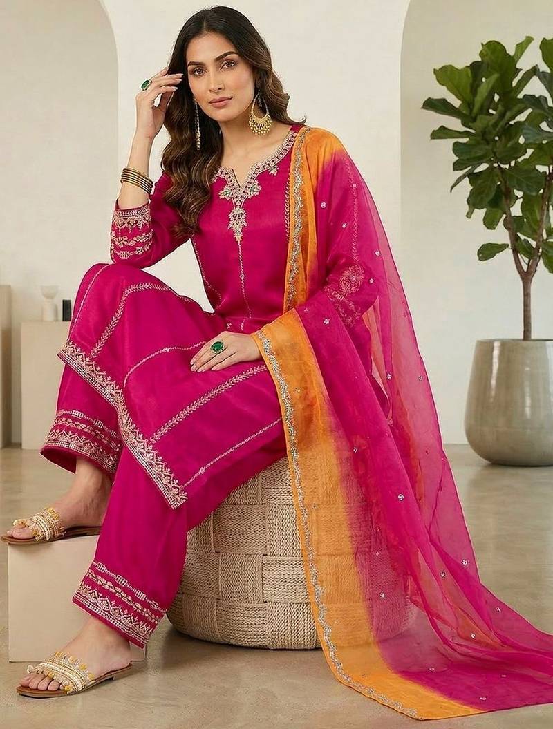 women embroidered notch neck kurta with trousers & dupatta