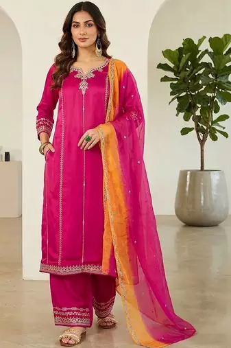 women embroidered notch neck kurta with trousers & dupatta