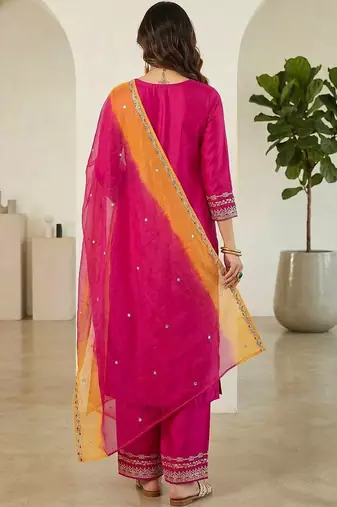 women embroidered notch neck kurta with trousers & dupatta