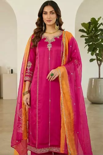 women embroidered notch neck kurta with trousers & dupatta