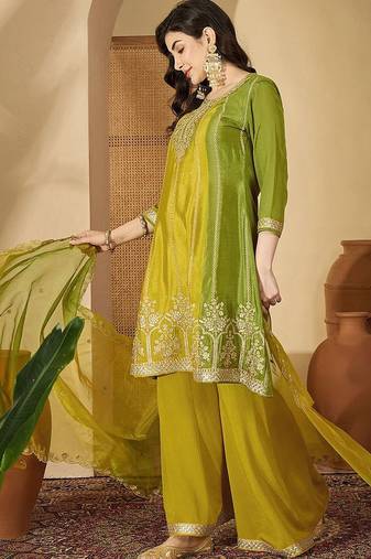 floral embroidered round neck zari kurta with palazzos & dupatta