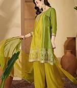floral embroidered round neck zari kurta with palazzos & dupatta