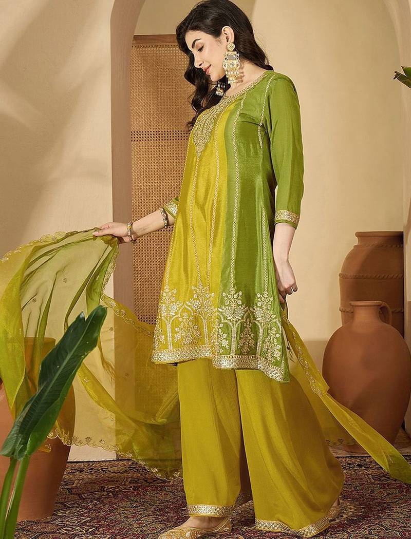 floral embroidered round neck zari kurta with palazzos & dupatta
