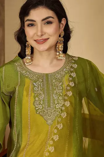 floral embroidered round neck zari kurta with palazzos & dupatta