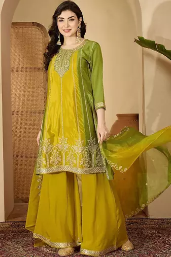 floral embroidered round neck zari kurta with palazzos & dupatta