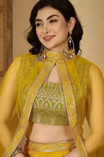 embroidered zari sequinned top with pleated dhoti & shrug co-ords set