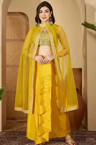 embroidered zari sequinned top with pleated dhoti & shrug co-ords set