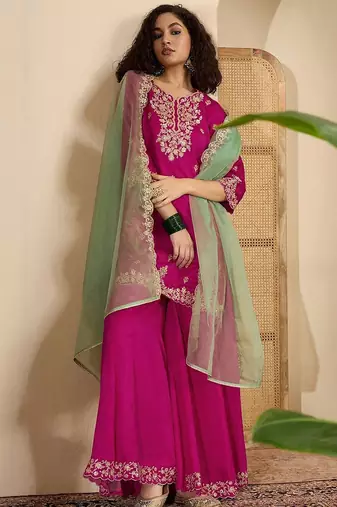 floral embroidered zari and sequinned straight kurta with sharara & dupatta