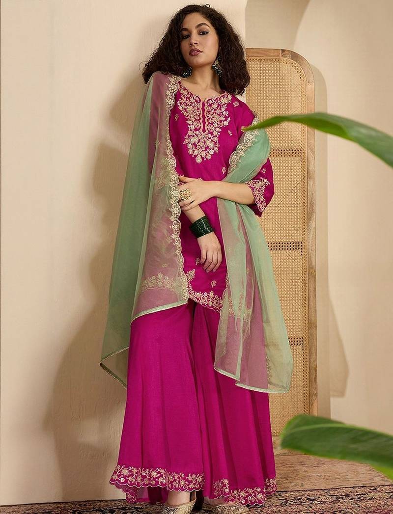 floral embroidered zari and sequinned straight kurta with sharara & dupatta