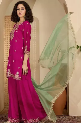 floral embroidered zari and sequinned straight kurta with sharara & dupatta
