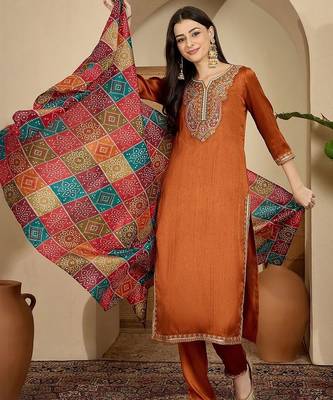 ethnic motifs embroidered thread work straight kurta with trouser & dupatta 1