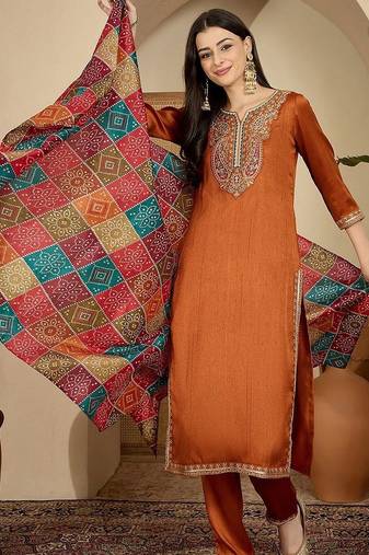 ethnic motifs embroidered thread work straight kurta with trouser & dupatta