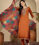 ethnic motifs embroidered thread work straight kurta with trouser & dupatta