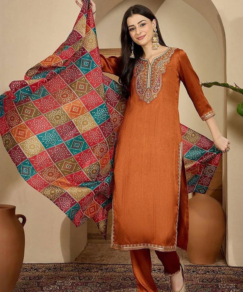 ethnic motifs embroidered thread work straight kurta with trouser & dupatta