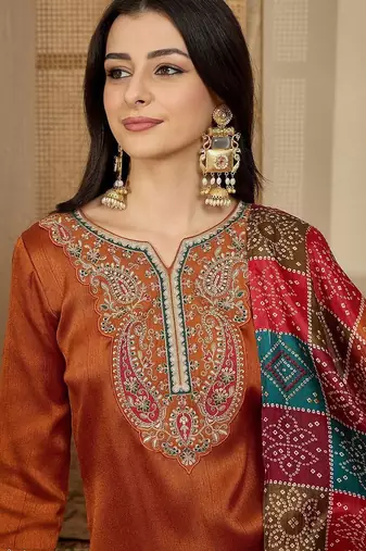ethnic motifs embroidered thread work straight kurta with trouser & dupatta