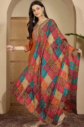 ethnic motifs embroidered thread work straight kurta with trouser & dupatta
