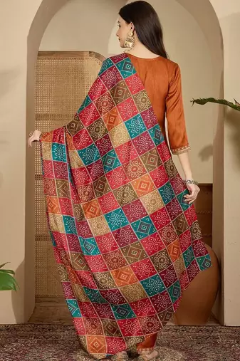 ethnic motifs embroidered thread work straight kurta with trouser & dupatta