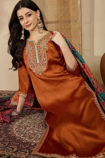 ethnic motifs embroidered thread work straight kurta with trouser & dupatta
