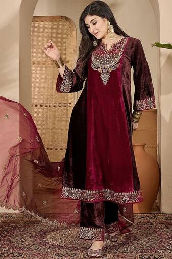 zari sequence thread cording embroidered velvet kurta with trousers & dupatta