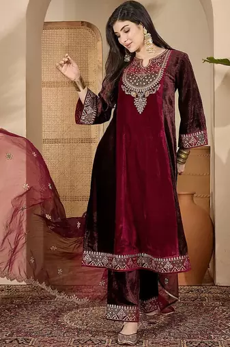 zari sequence thread cording embroidered velvet kurta with trousers & dupatta