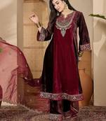 zari sequence thread cording embroidered velvet kurta with trousers & dupatta