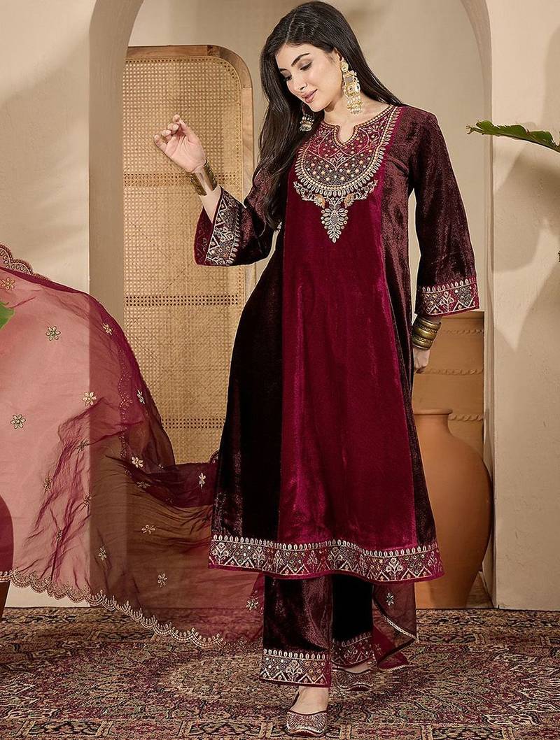 zari sequence thread cording embroidered velvet kurta with trousers & dupatta