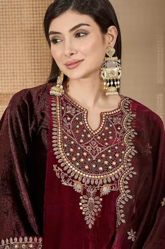 zari sequence thread cording embroidered velvet kurta with trousers & dupatta