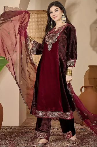 zari sequence thread cording embroidered velvet kurta with trousers & dupatta
