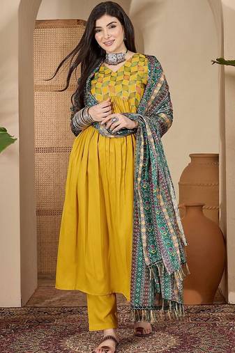 geometric embroidered empire sequinned straight kurta with trouser & dupatta