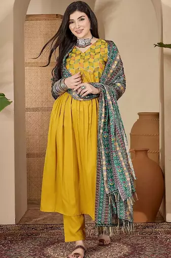 geometric embroidered empire sequinned straight kurta with trouser & dupatta