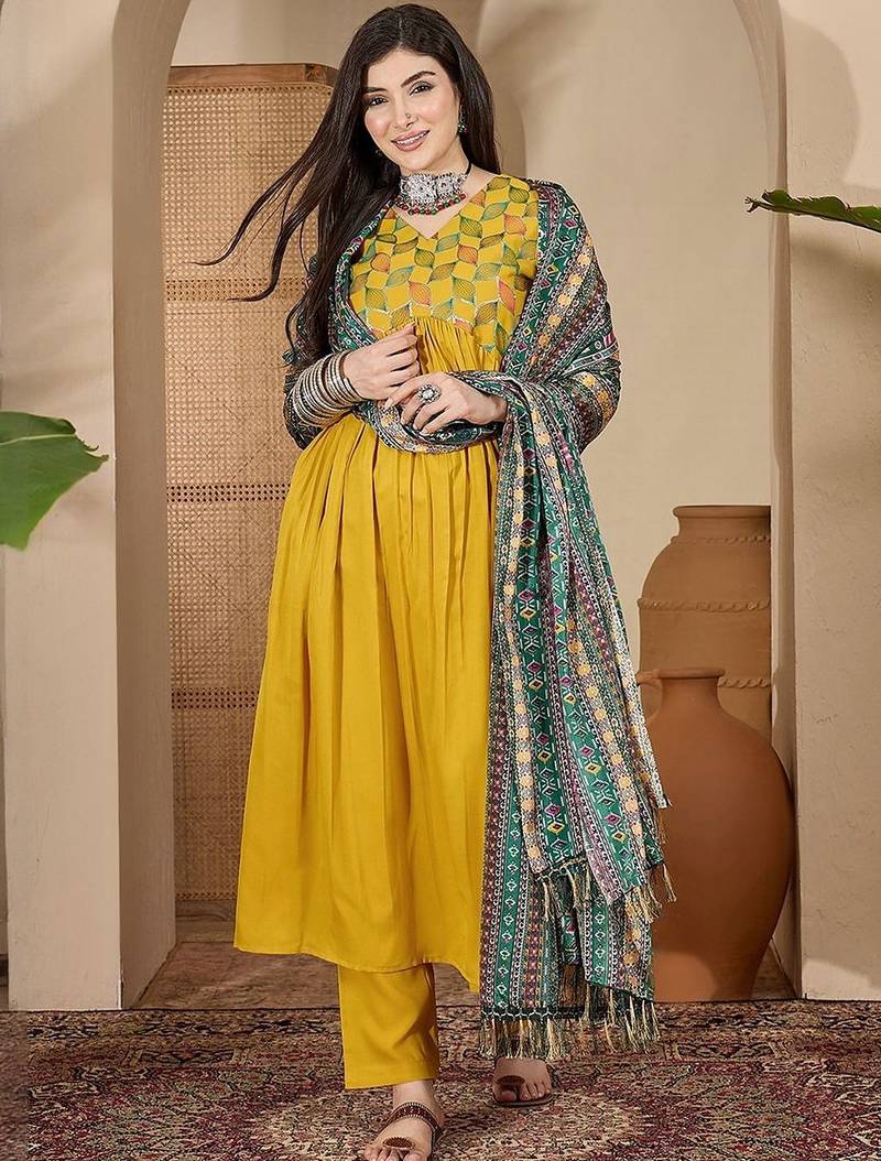 geometric embroidered empire sequinned straight kurta with trouser & dupatta