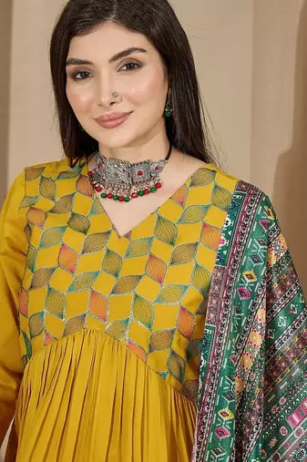 geometric embroidered empire sequinned straight kurta with trouser & dupatta