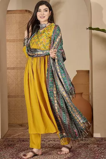 geometric embroidered empire sequinned straight kurta with trouser & dupatta