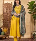 embroidered v-neck kurta & trousers with dupatta