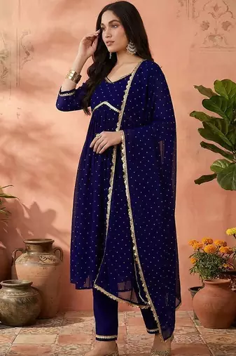 women embroidered v-neck kurta with trousers & dupatta