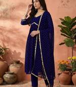 women embroidered v-neck kurta with trousers & dupatta