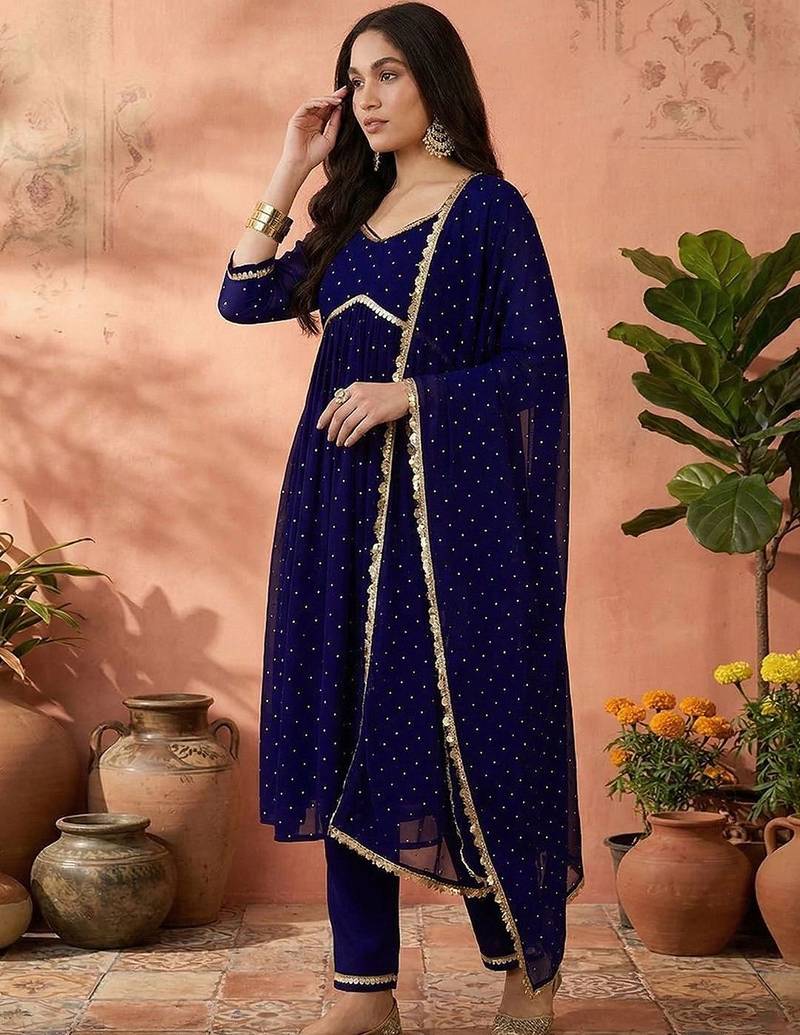 women embroidered v-neck kurta with trousers & dupatta