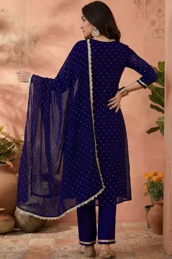 women embroidered v-neck kurta with trousers & dupatta