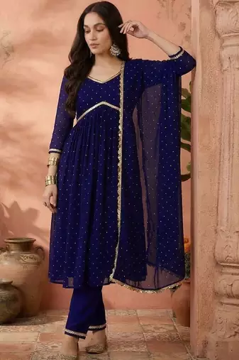 women embroidered v-neck kurta with trousers & dupatta