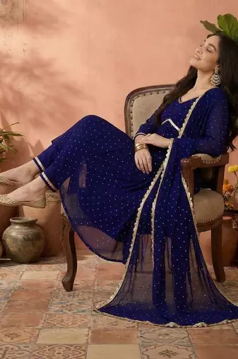 women embroidered v-neck kurta with trousers & dupatta